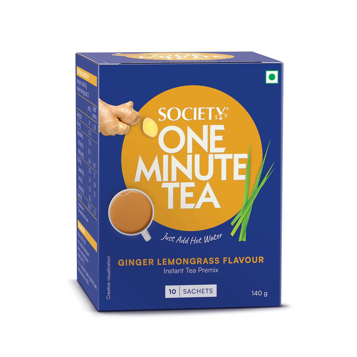 Society Ginger Lemongrass Flavour Instant Tea Premix - 10 Sachets, 140gm, 4.9 Ounce | One Minute Tea Just Add Hot Water - Low Caffeine, Rich In Taste