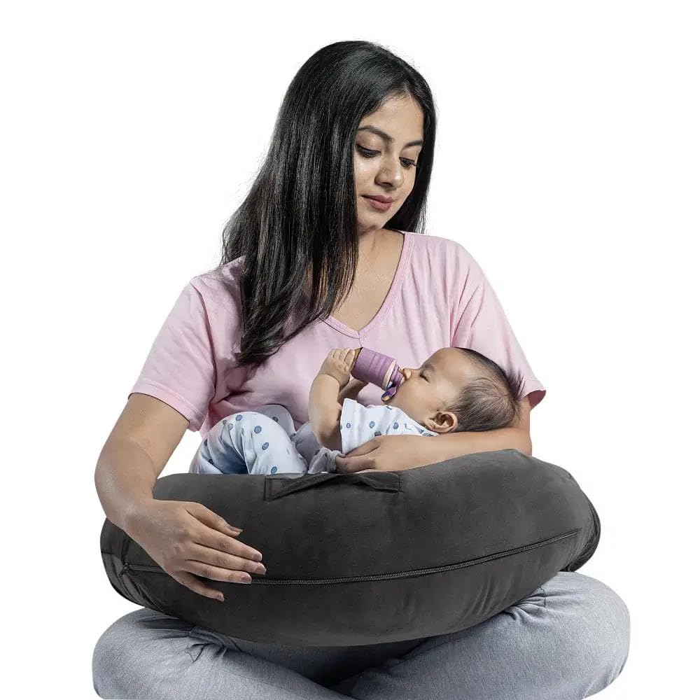 Feeding Pillow For New Born Baby, 5 In 1 Nursing Pillow With Belt, Charcoal Grey | Hoop For Breast Feeding With Velvet Removable Cover | Adjustable Pillow, For Reading, Resting Pillow