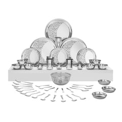 Designer Stainless Steel Shagun Laser Bloom Dinner Set Of 45 Pieces, Silver | Easy To Clean & Dishwasher Safe