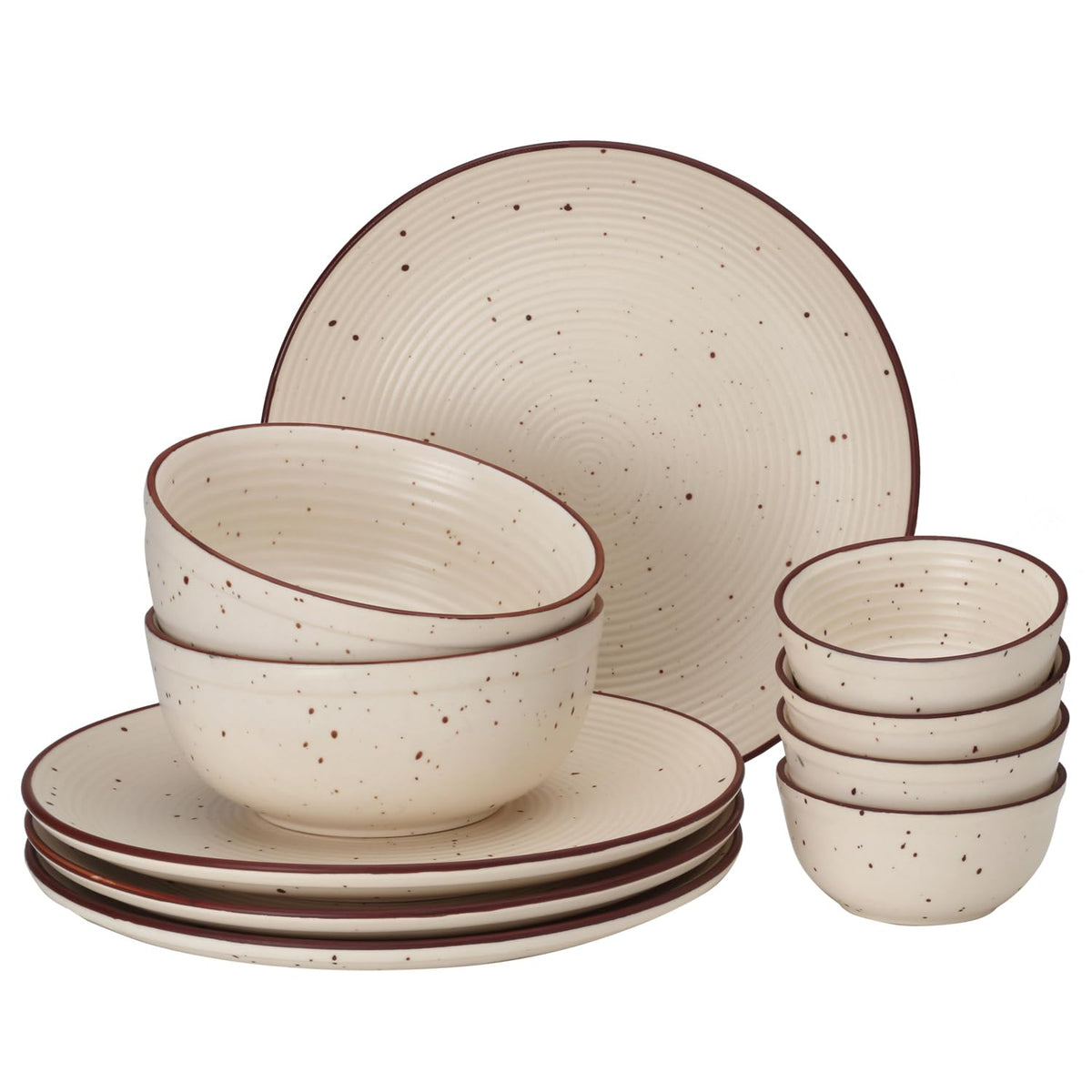 Handcrafted Ceramic Stoneware Dinner Set Of 10 Pcs With Serving Bowl Set, Beige | 4 Dinner Plates, 10.6 Inch Each + 4 Salad Bowl, 180ml Each+ 2 Serving Bowl, 1000ml Each - Microwave & Dishwasher Safe