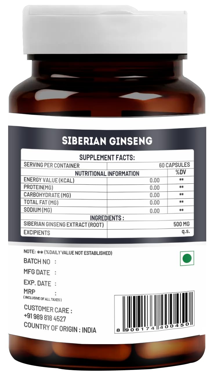 Vitawin Siberian Ginseng For Improve Immunity & Boost Energy, Stamina & Strength, Natural Herbal, 500mg, Nutrition Supplement | 60 Veg Capsules 100gm 0.2lbs