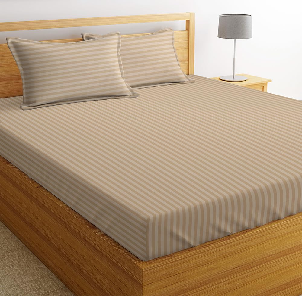 King Bedsheet With 2 King Size Pillow Covers - 90 X 100 Inches, Beige | Double Bed 210 Thread Count Pure Cotton - Ideal For House, Guest Room, Hotel