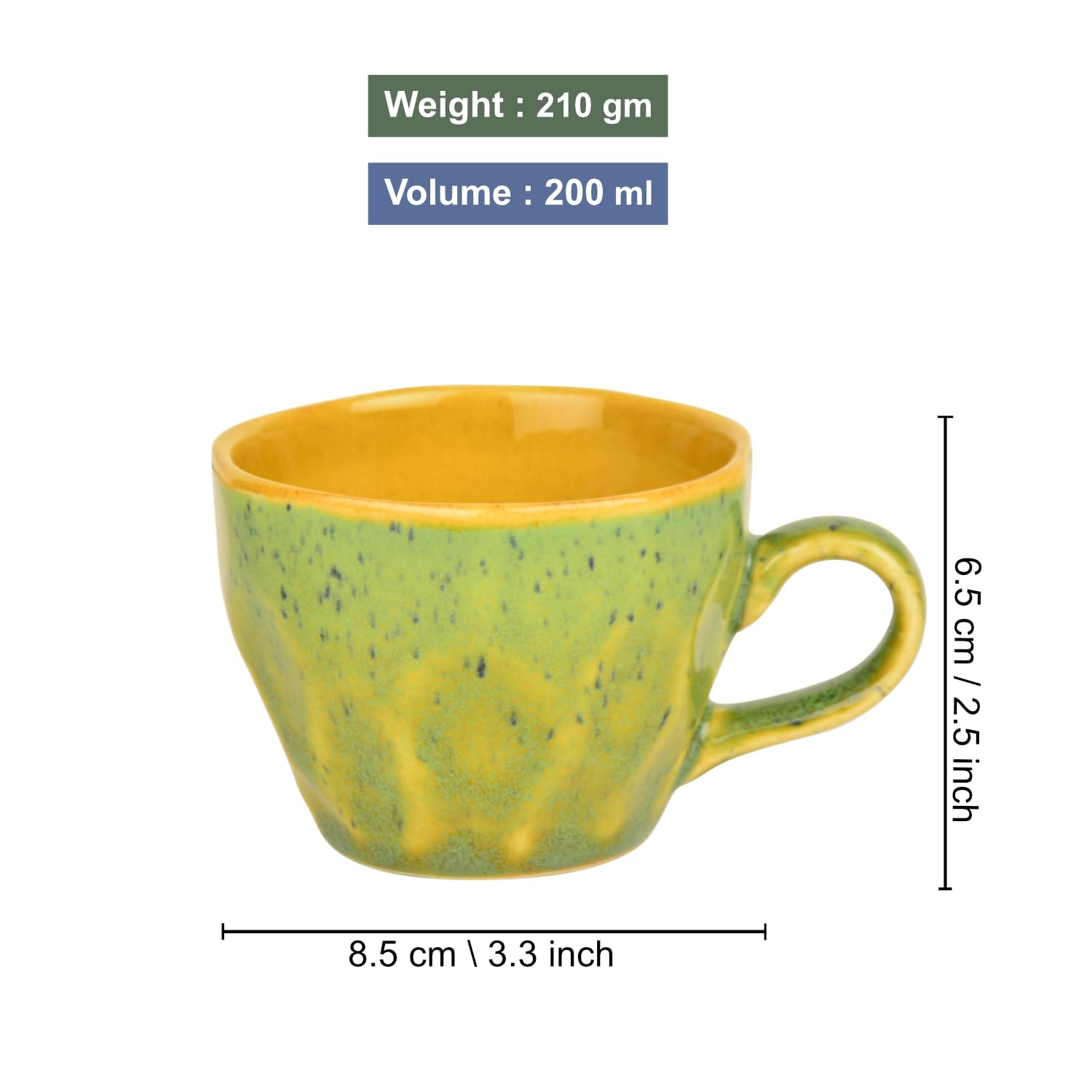 Hand Crafted Ceramic Coffee Mugs Set Of 6 - 200ml Each, Green & Yellow | Chai Cups - Coffee Mug Set - Tea Cup Set