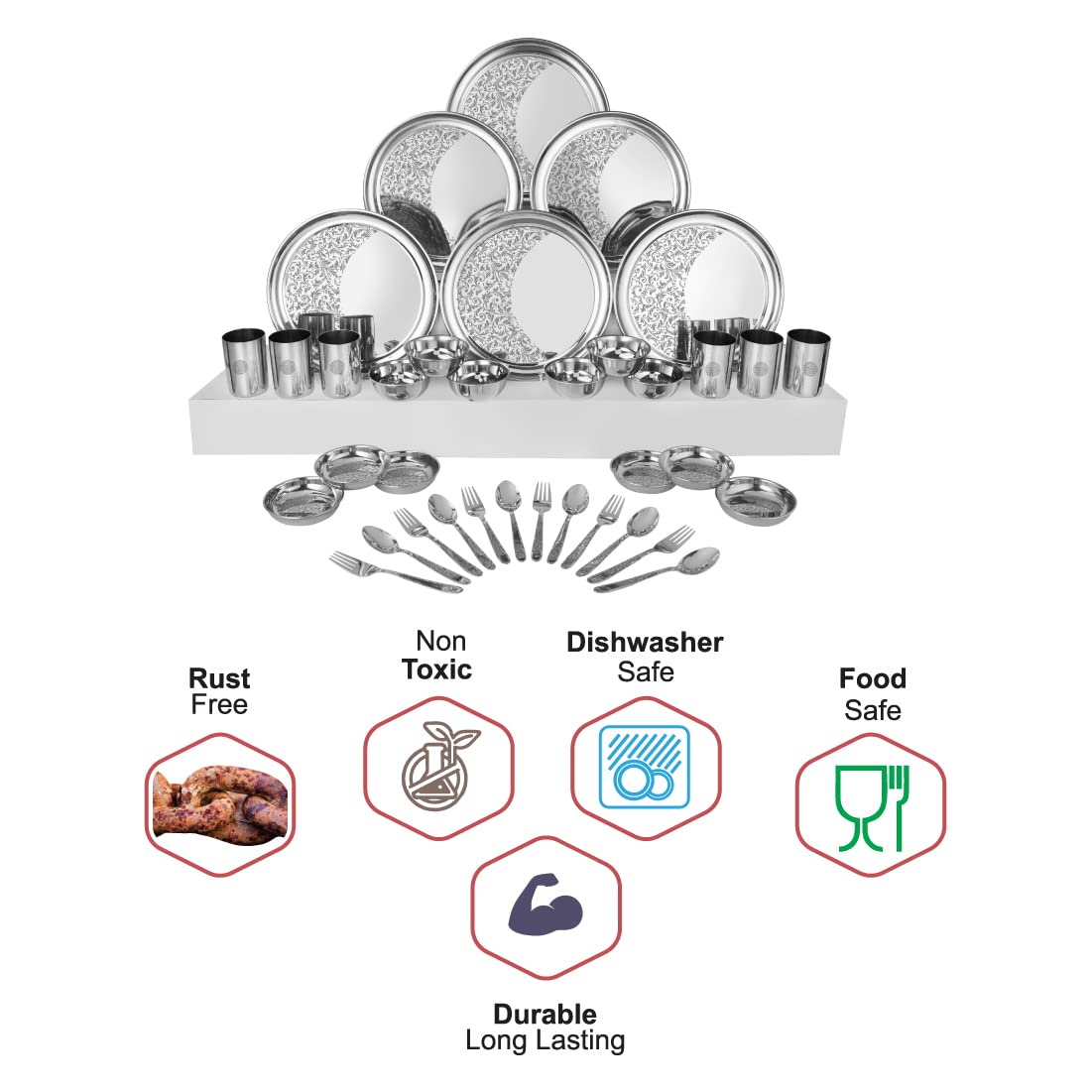 Designer Stainless Steel Shagun Laser Bloom Dinner Set Of 36 Pieces, Silver | 6 Dinner Plate+ 6 Glass+ 6 Bidding Bowl+ 6 Pudding Bowl+ 6 Dinner Spoon+ 6 Dinner Fork