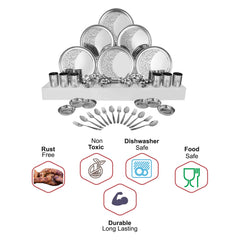 Designer Stainless Steel Shagun Laser Bloom Dinner Set Of 36 Pieces, Silver | 6 Dinner Plate+ 6 Glass+ 6 Bidding Bowl+ 6 Pudding Bowl+ 6 Dinner Spoon+ 6 Dinner Fork