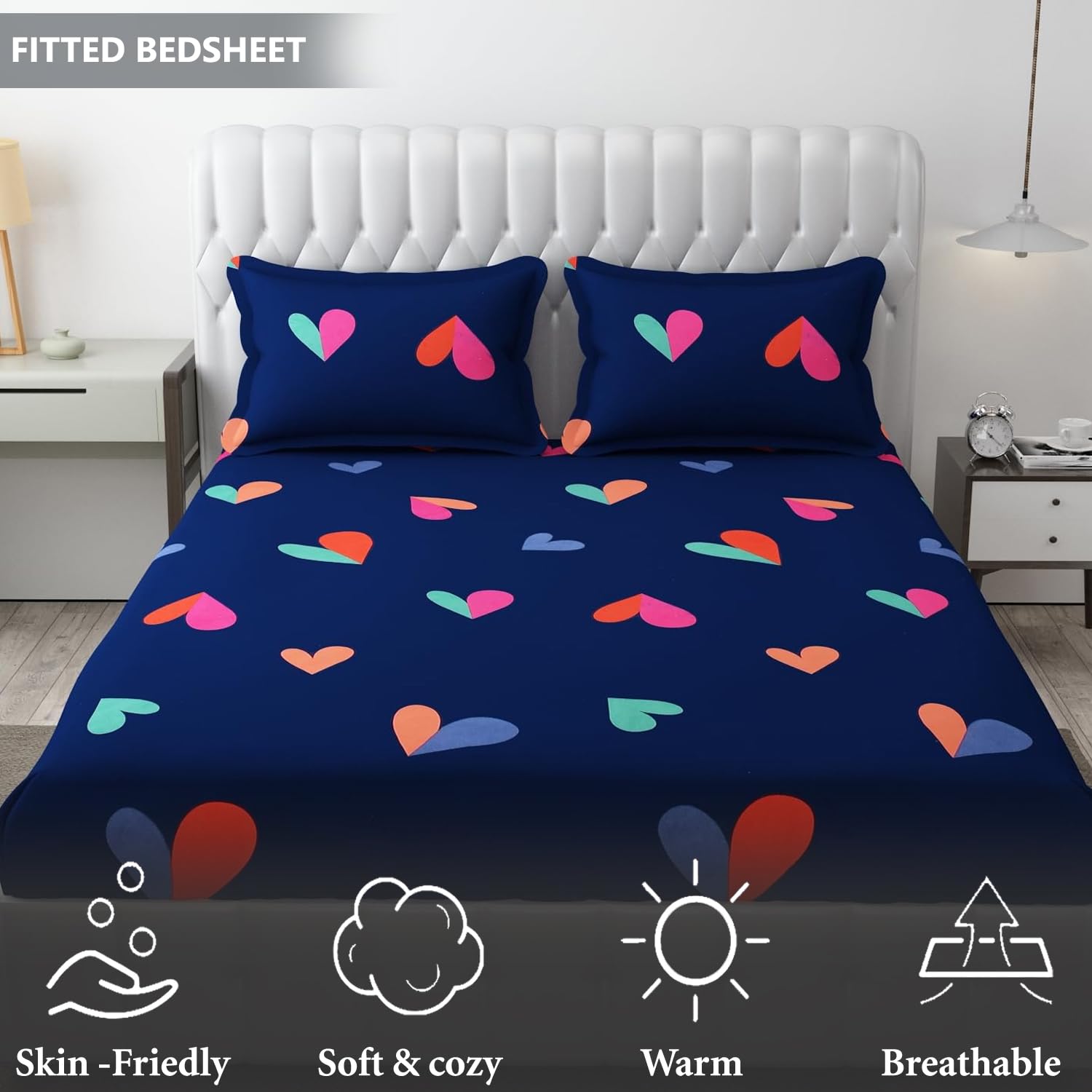 King Size Bedsheet With Two Pillow Cover (Size - 78 X 72 Inches, Royal Blue) | Elastic Fitted Floral Bedsheet | Best For Festival Gifting