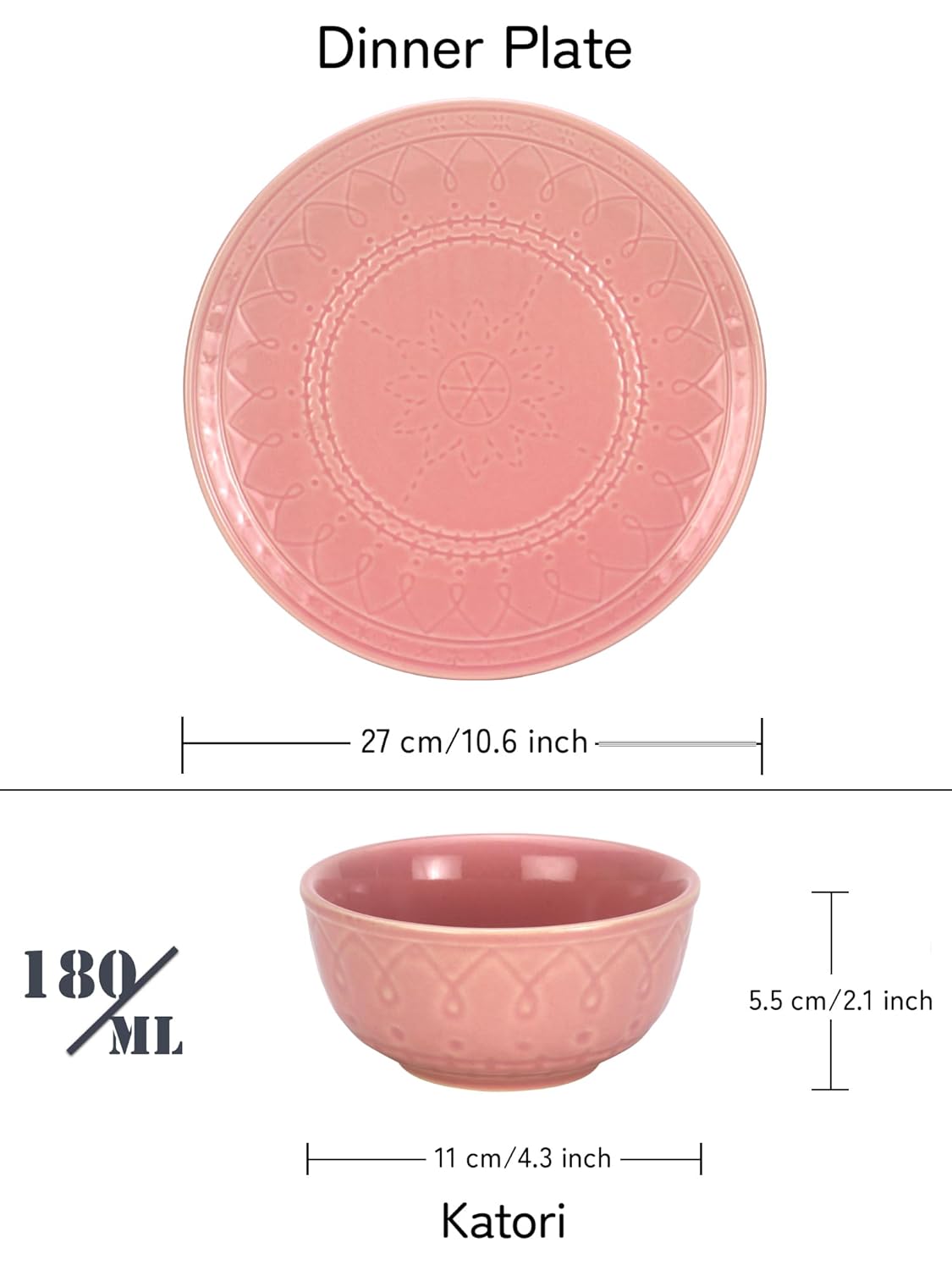 Handcrafted Stoneware Embossed Dinner Set Of 4 - Ceramic Pack Of 8 Pcs, Light Pink | 4 Dinner Plates + 4 Bowl Or Katoris, 180ml Each - Microwave & Dishwasher Safe | Serving For 4