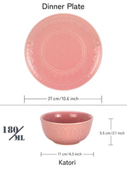 Handcrafted Stoneware Embossed Ceramic Dinner Set Of 12 Pcs - Light Pink | 4 Dinner Plates+ 8 Salad Bowls, 180ml Each - Microwave & Dishwasher Safe