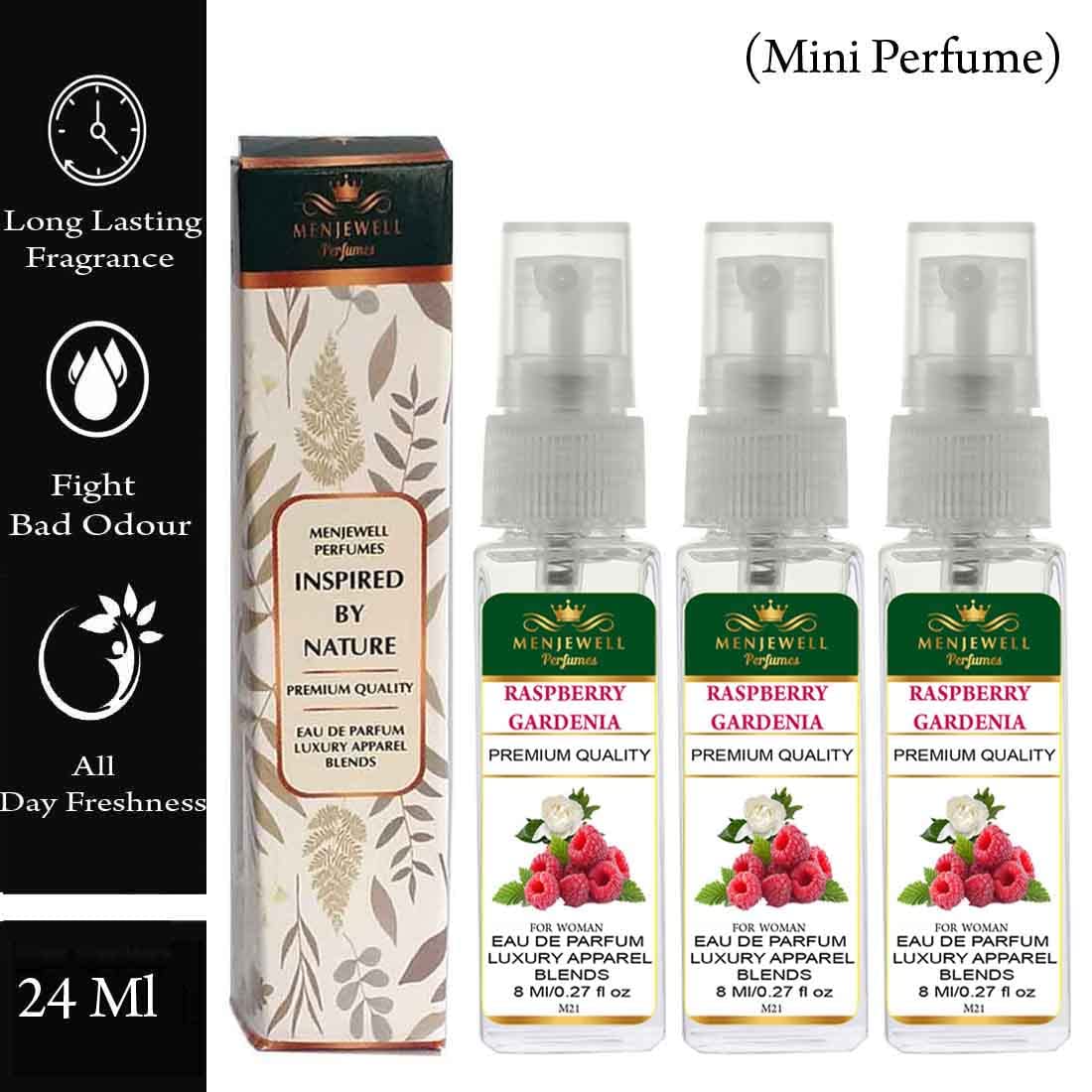 Menjewell Raspberry Gardenia Eau De Parfum For Woman 8ml 0.27 Fl.oz. Each Pack Of 3 | Luxury Apparel Parfum | Long Lasting