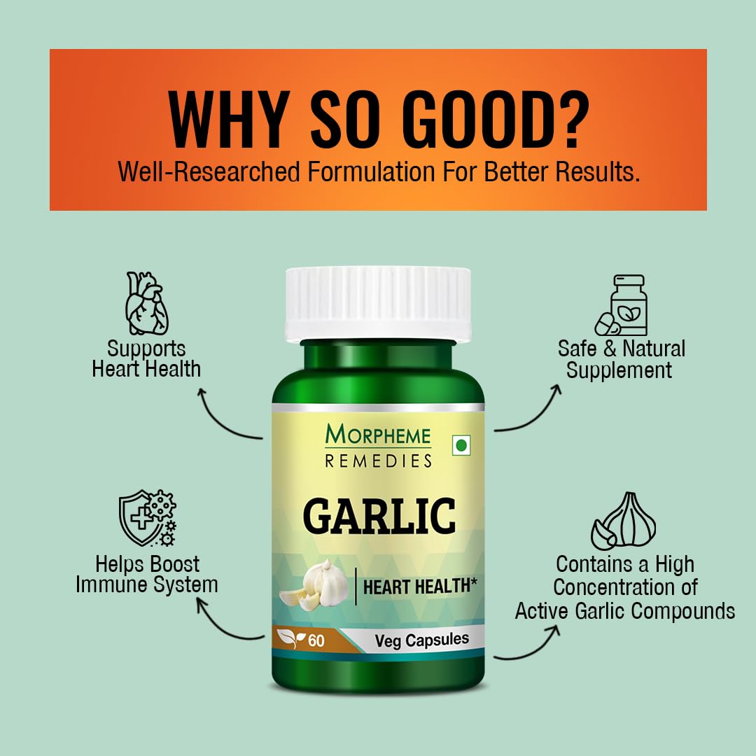 Morpheme Remedies Garlic 500mg, Natural Way To Support The Heart Health | 60 Veg Capsules 100gm 0.2lbs Each Pack Of 3