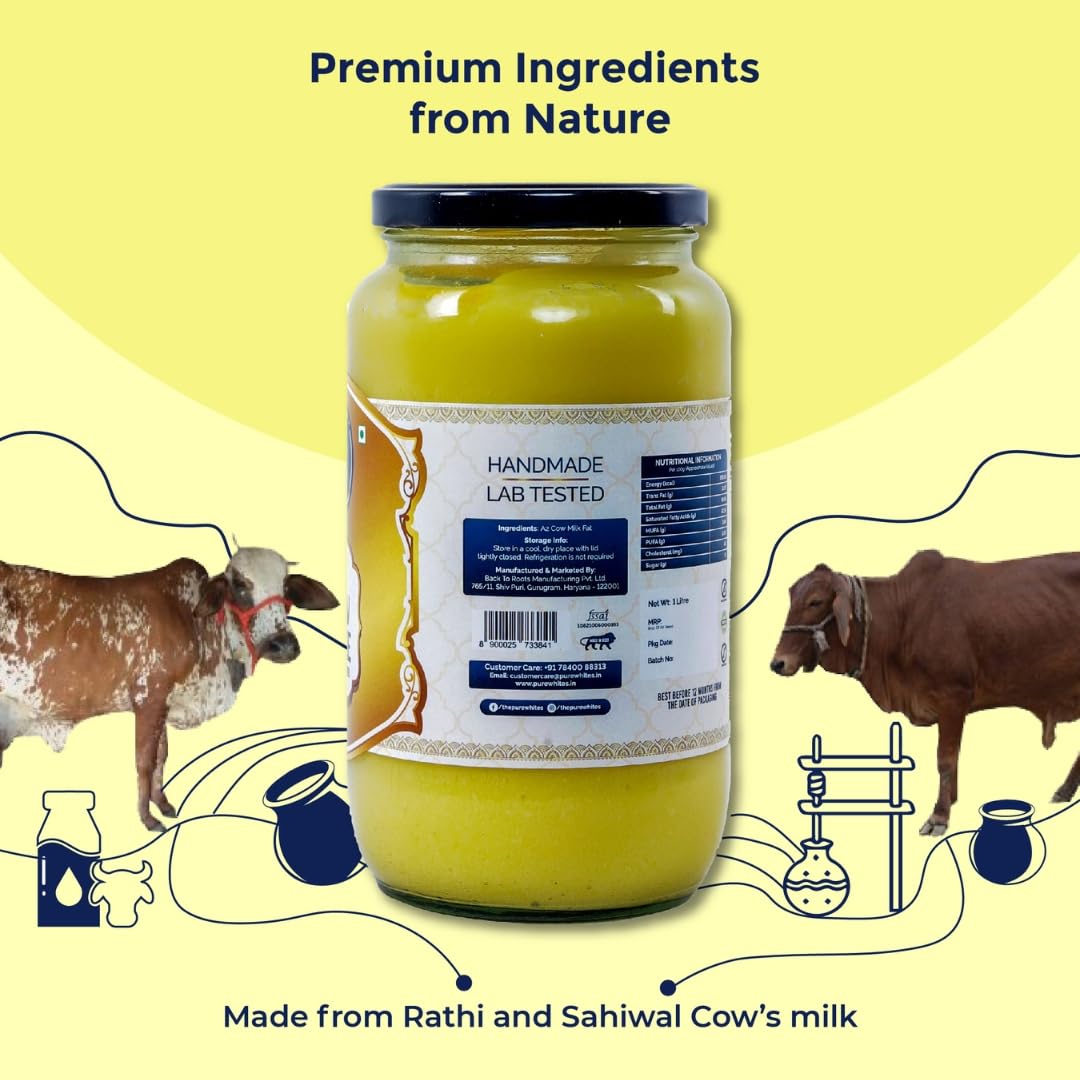 Pure A2 Cow Ghee By Pure Whites | Homemade Organic & Fresh Ghee Prepared Using Traditional Vedic Bilona Method | (1 Litr) 33.8 Ounce | Jar Pack