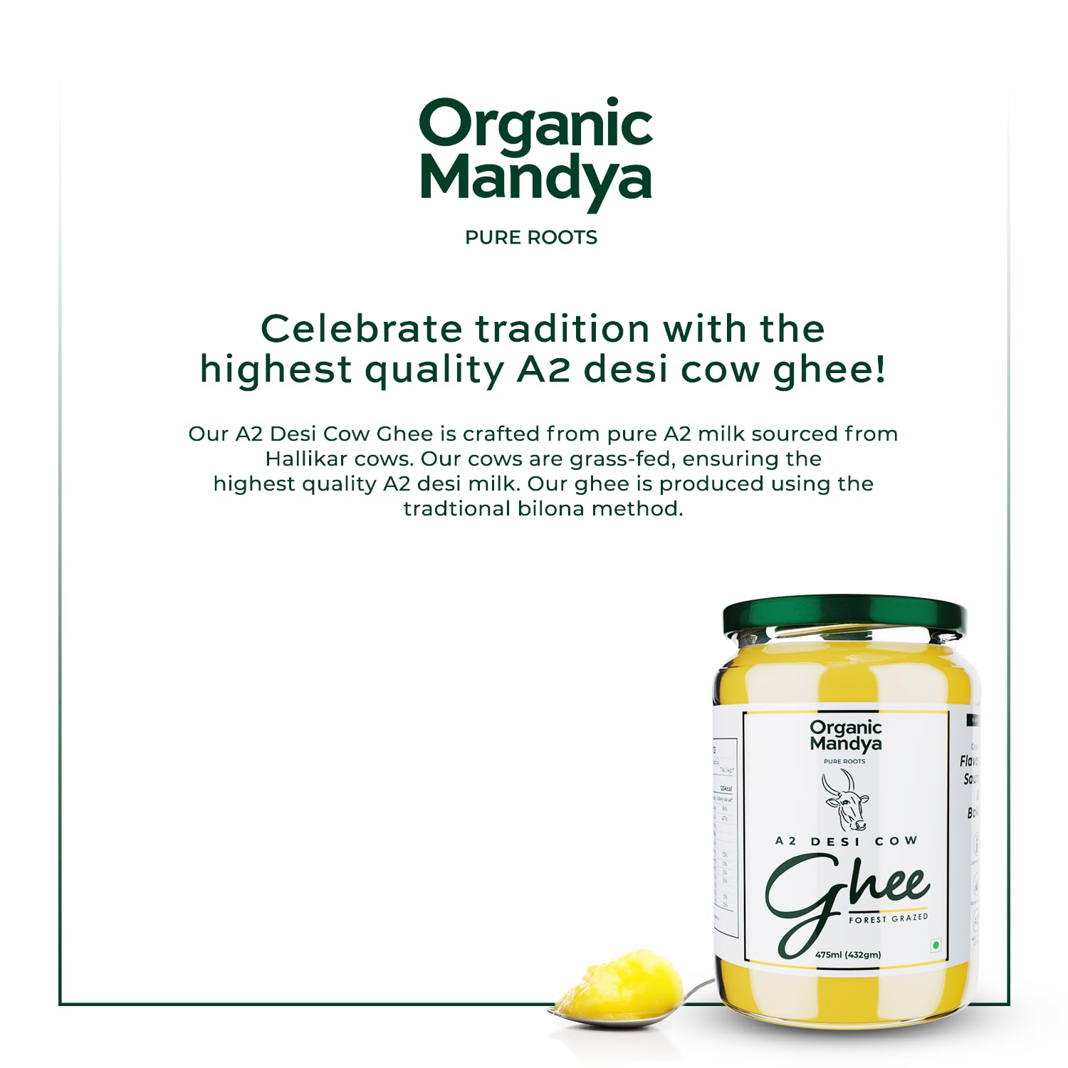 100% Pure A2 Desi Cow Ghee By Organic Mandya | Highly Nutritious Helps Keep Your Heart Healthy Desi Cow Ghee | (475ml) 16.0 Ounce | Jar Pack
