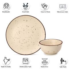 Handcrafted Ceramic Stoneware Dinner Set - Pack Of 18 Pcs, Beige | 6 Dinner Plates, 10.6 Inch Each + 12 Salad Bowl, 180ml Each - Microwave & Dishwasher Safe | Crockery Set For Dining & Gifting