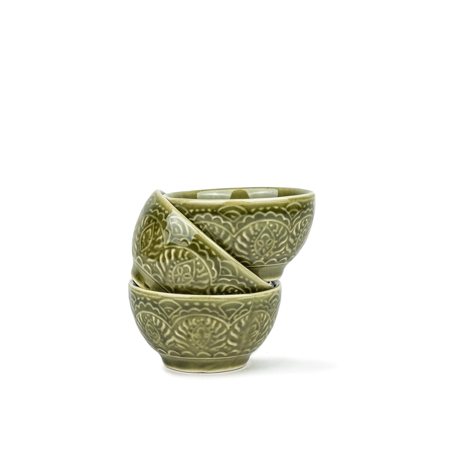 Ceramic Carving Veg Bowls Set Of 6 For Dinner - 160ml Each, Mehndi Green | Katori Set - Ceramic Bowls With Glossy Finish | Dessert Bowl Set - Ice Cream Bowls