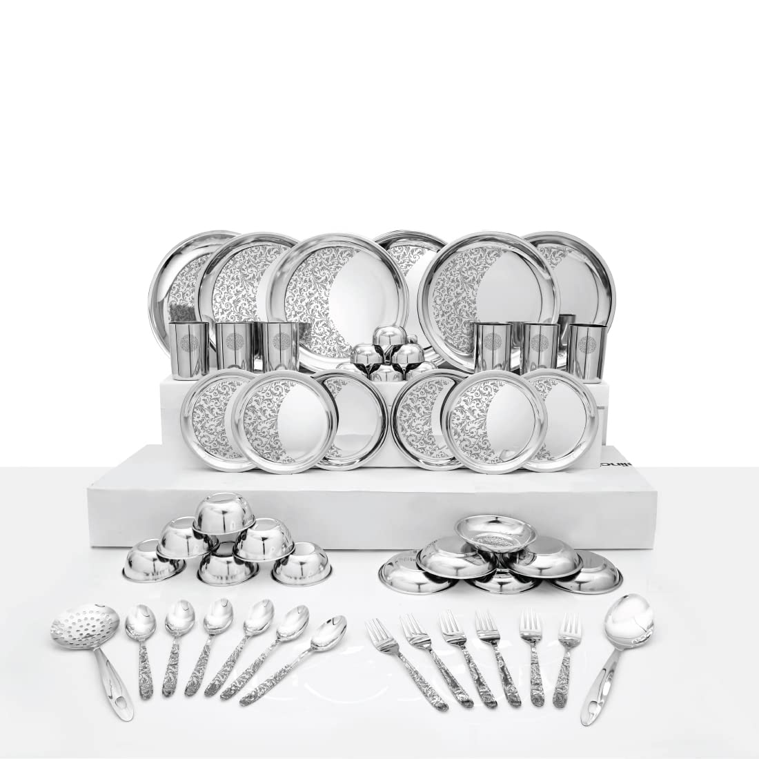 Designer Stainless Steel Delight Laser Bloom Dinner Set Of 50 Pieces, Silver | Easy To Clean & Dishwasher Safe