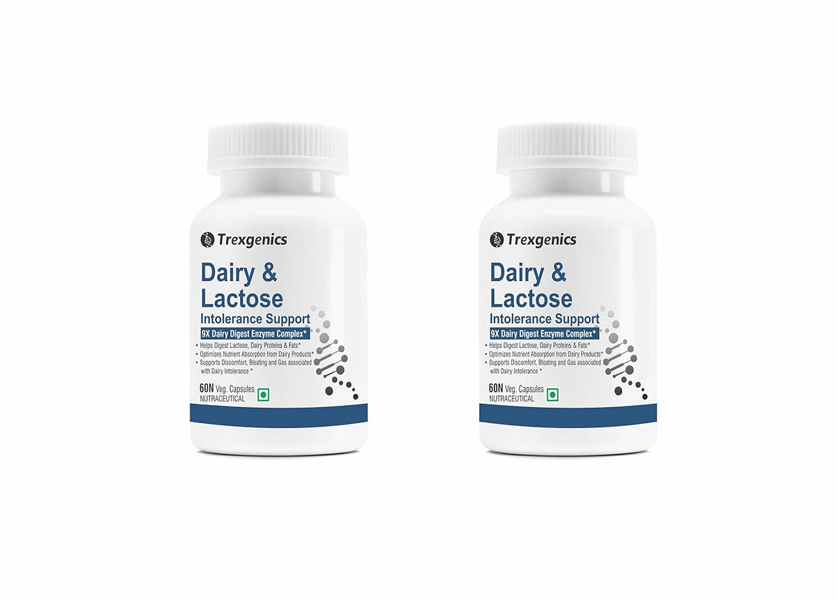 Trexgenics Dairy & Lactose Intolerence Support 9x Dairy Digest Enzyme Complex For Lactose, Dairy Fat, Protein & Carbs Digestion | 60 Veg Capsules, 100gm 0.2lbs Each Pack Of 2
