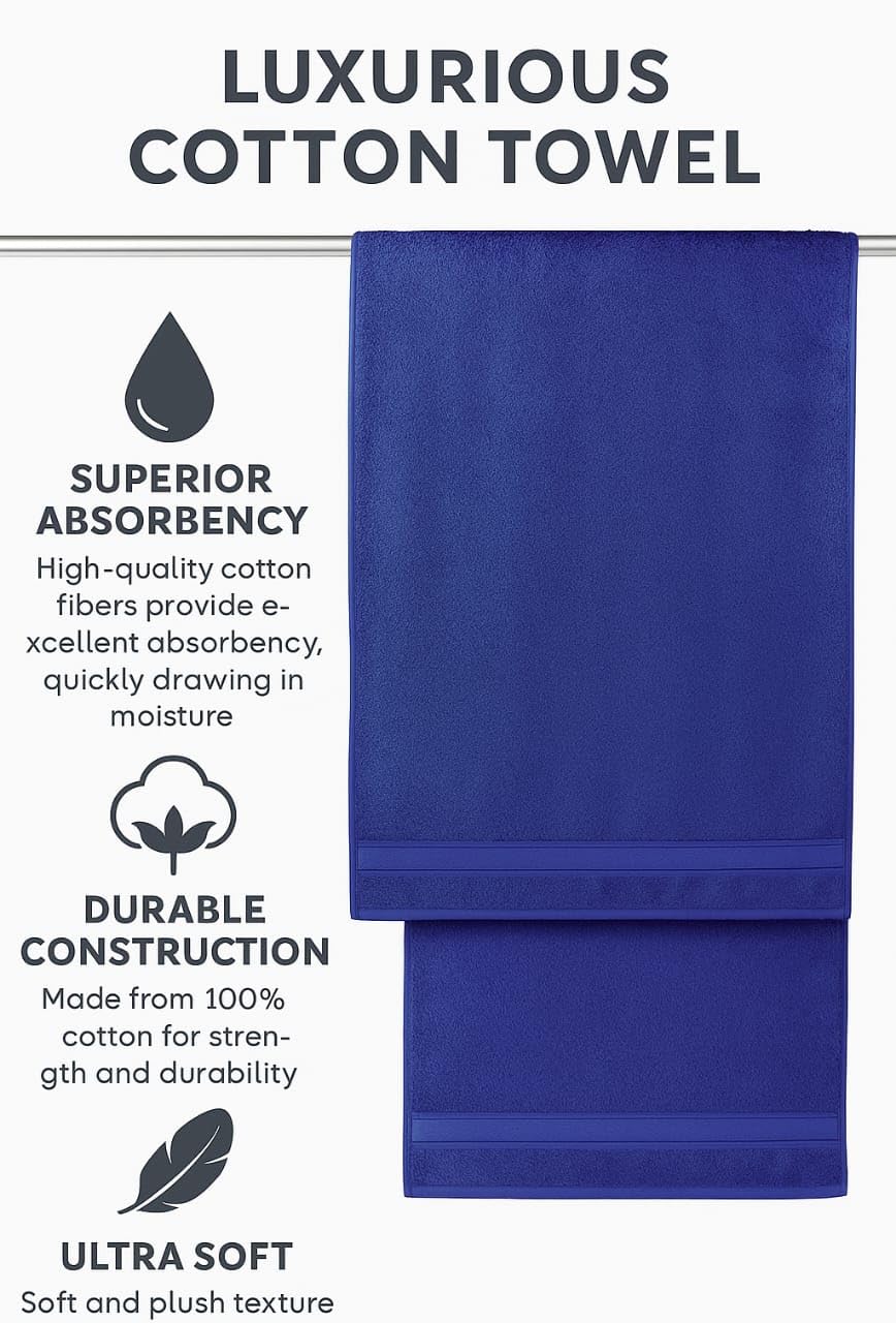 Premium Cotton Large Size Bath Towel 500 Gsm | Super Soft Absorbent, Quick Dry Towel (Royal Blue)