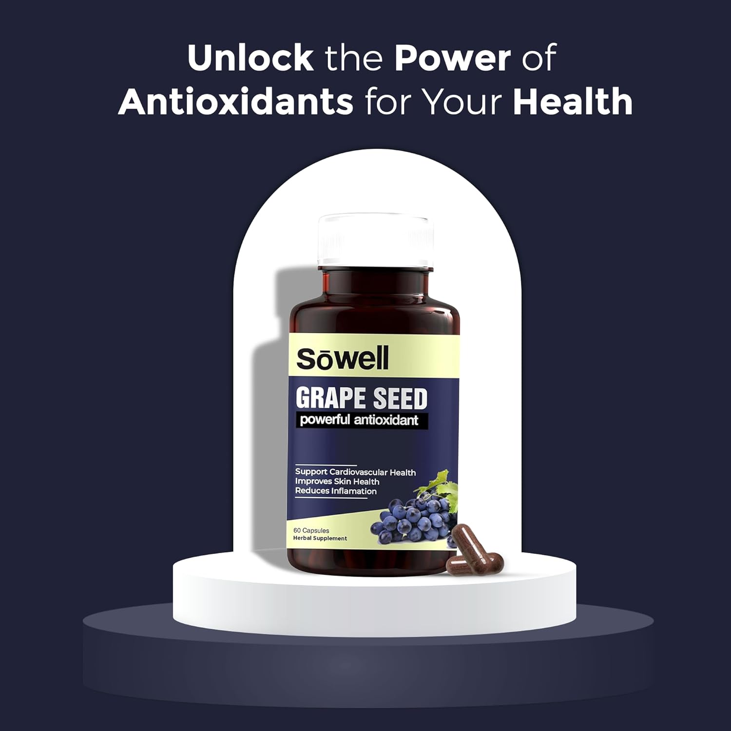 Sowell Grape Seed Supplement Antioxidant Rich Extract For Heart Health & Immune Support | 60 Capsules 100gm 0.2lbs
