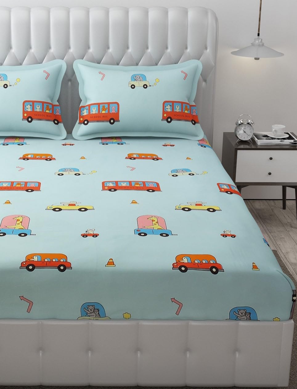 Wrinkle Free Soft Kids Double Bedsheets For King Size With 2 Pillow Cover | 90 X 95 Inches, Aqua | Cartoon Printed Design | Child Bedroom Decor