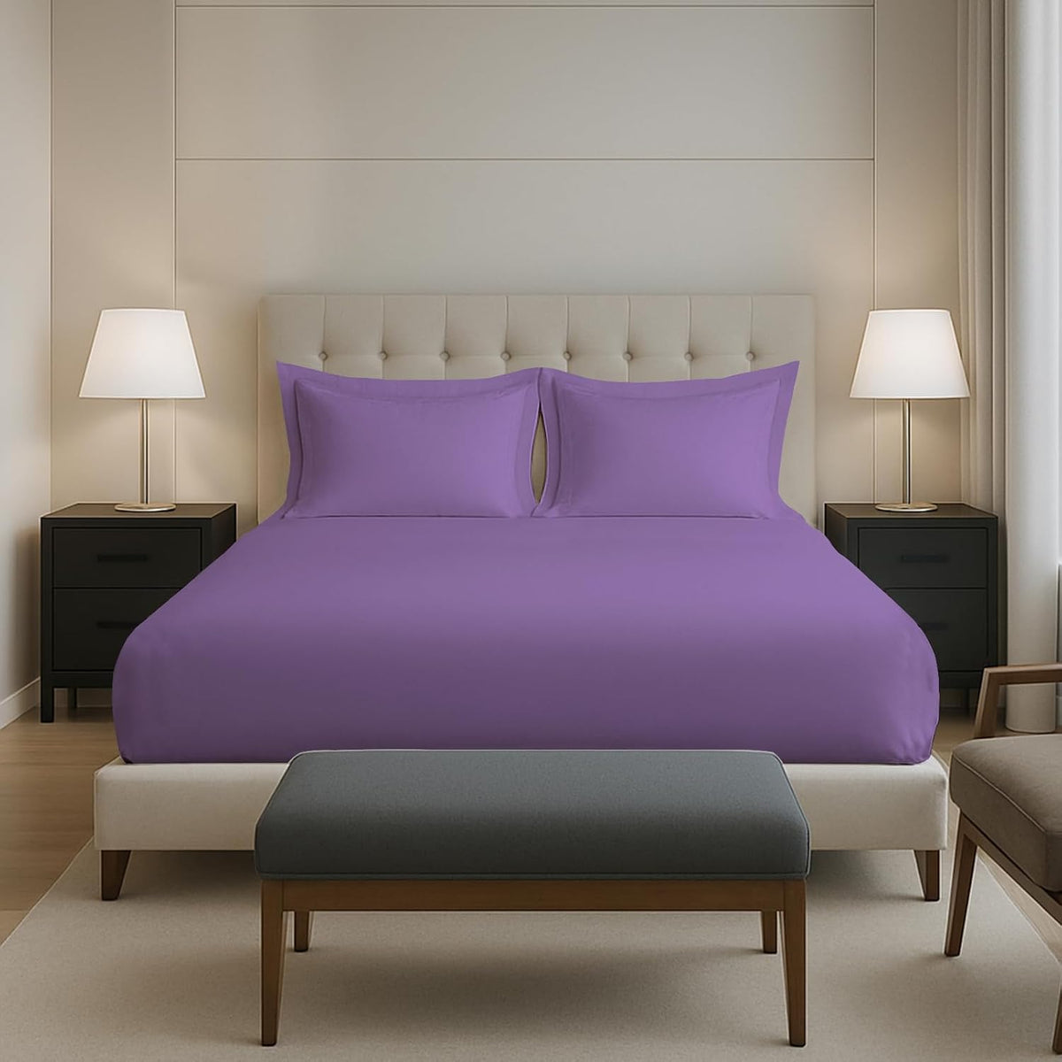 Cotton Elastic Fitted Bedsheets King Size Two Pillow Cover - 74 X 78 Inches, Purple | Breathable & Smooth Bedding Wrinkles | Elegant Hotel Like Look