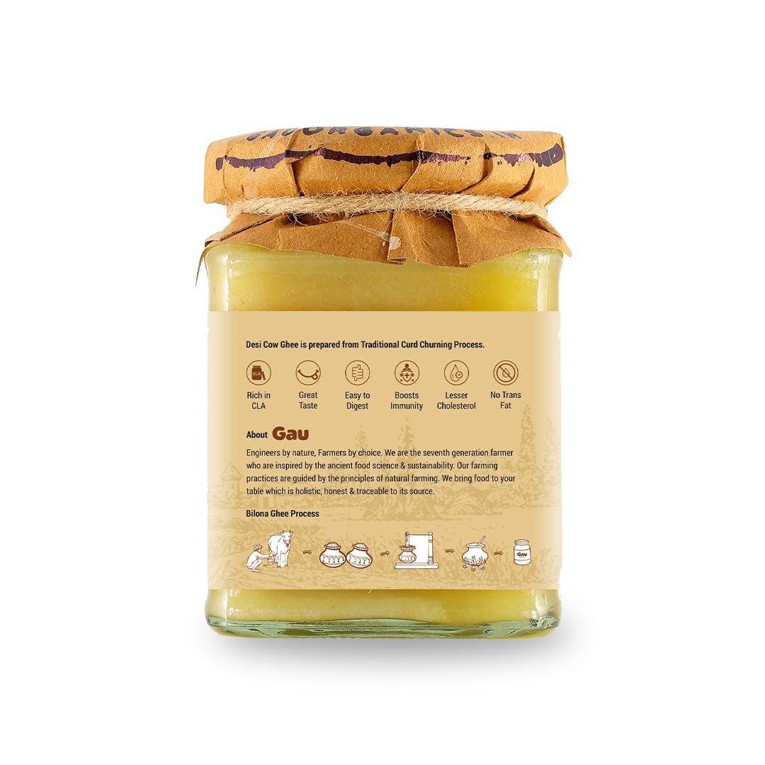 Organic Cow Ghee By Gau Organics | Natural Hand Made Curd Churned Desi Cow Ghee Good For Brain Health | (250ml) 8.4 Ounce | Tin Pack