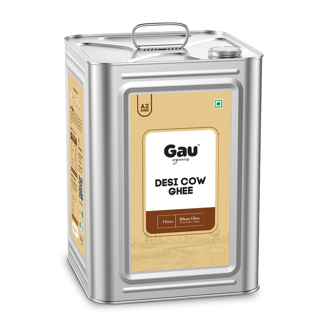 Organic Cow Ghee By Gau Organics | Natural Hand Made Curd Churned Desi Cow Ghee Good For Cooking & Frying | (5 Litr) 169.0 Ounce | Tin Pack