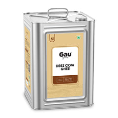 Organic Cow Ghee By Gau Organics | Natural Hand Made Curd Churned Desi Cow Ghee Good For Cooking & Frying | (5 Litr) 169.0 Ounce | Tin Pack
