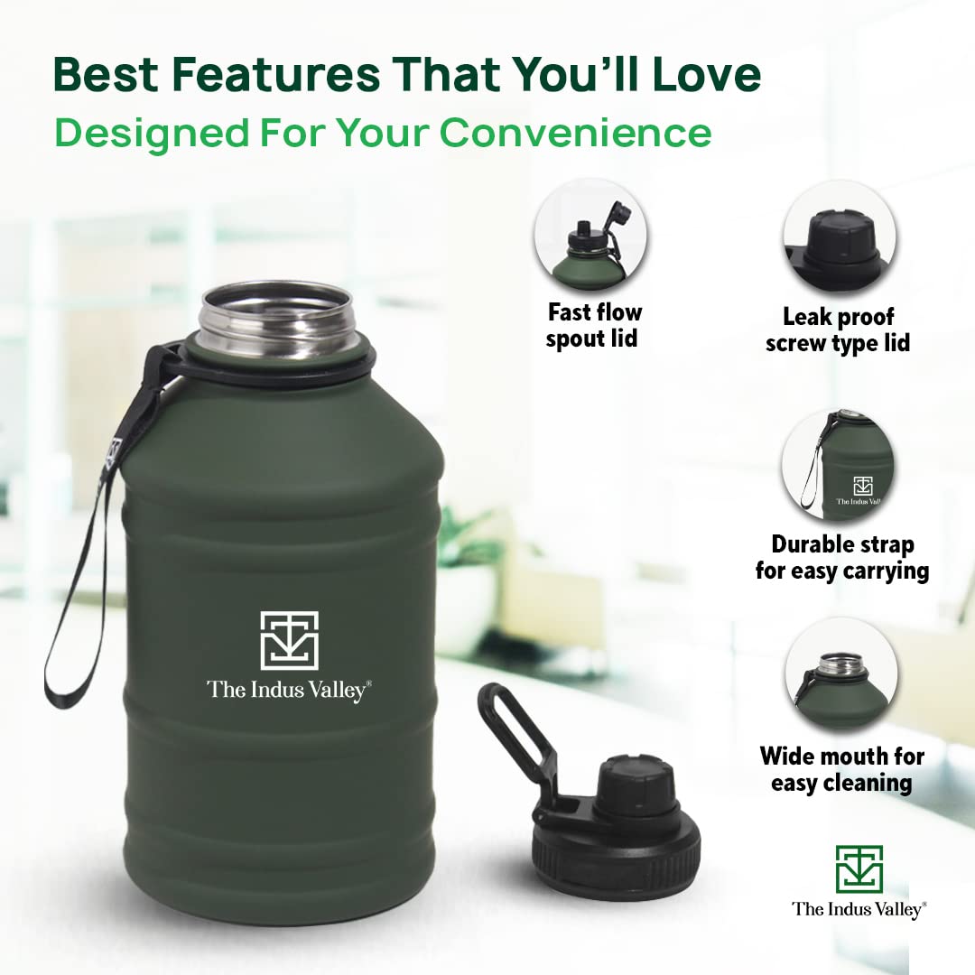 Stainless Steel Water Bottle For School, Outdoor, Gym, Home, Office With Sleeve Bag | Green, 10.6 Inch, 2.2 Liters - Durable, Leak Proof, BPA-Free