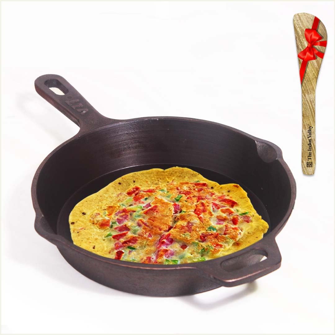 Super Smooth Black Cast Iron Skillet Fry Pan With Free Wooden Spatula - Medium, 25.4cm, 10 Inch, 1.7 Liters, 2.4 Kg | Induction Friendly, Naturally Nonstick, 100% Toxin Free, No Chemical Coating