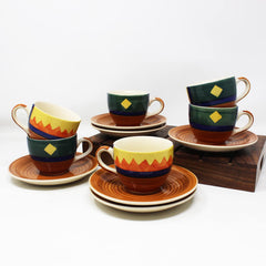 Hand Painted Boho Fiesta Ceramic Cups & Saucers Set Of 6 | Tea Cup Set Of 6 Cups + 6 Saucers For Tea, Coffee, Hot Drinks - 12 Pieces, 150ml, Microwave Safe