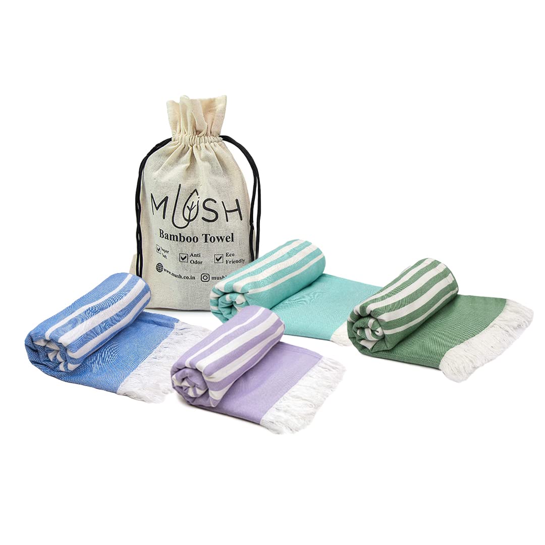 Mush 100% Bamboo Light Weight & Ultra-Compact Turkish Towel | Super Soft, Absorbent, Quick Dry, Anti-Odor Bamboo Towel (Pack Of 4) - Multicolor