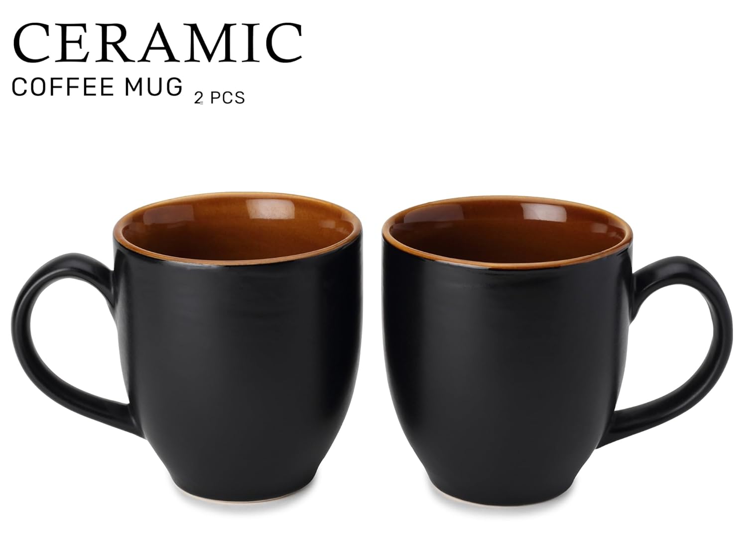 Ceramic Tea & Coffee Serving Mug Set Of 2 - Large, 400ml Each, Black | Ideal For Latte, Cappuccino, Hot Chocolate & Milk - Microwave & Dishwasher Safe | Matte & Glossy Finish