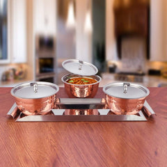 High Grade Stainless Steel Miska Copper Hammered Serving Bowl Set With Stainless Steel Lid & Tray - 4 Pieces | 3 Serving Bowl, 650ml Each + 1 Tray