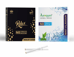 Aarogyam Herbals Pack Of 2 Flavours 100% Tobacco & Nicotine Free Cigarette For Relieve Stress & Mood Enhance Product Mint, Relax Regular - 10 Sticks X 2 Packets