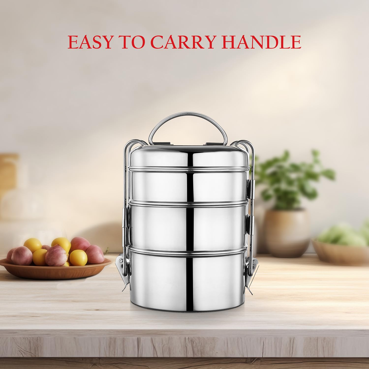 Silver Stainless Steel Tiffin Storage Container With Lid & Classic Lock 3-Tier | Lunch Box For Office, College, School - Air Tight & Leakproof