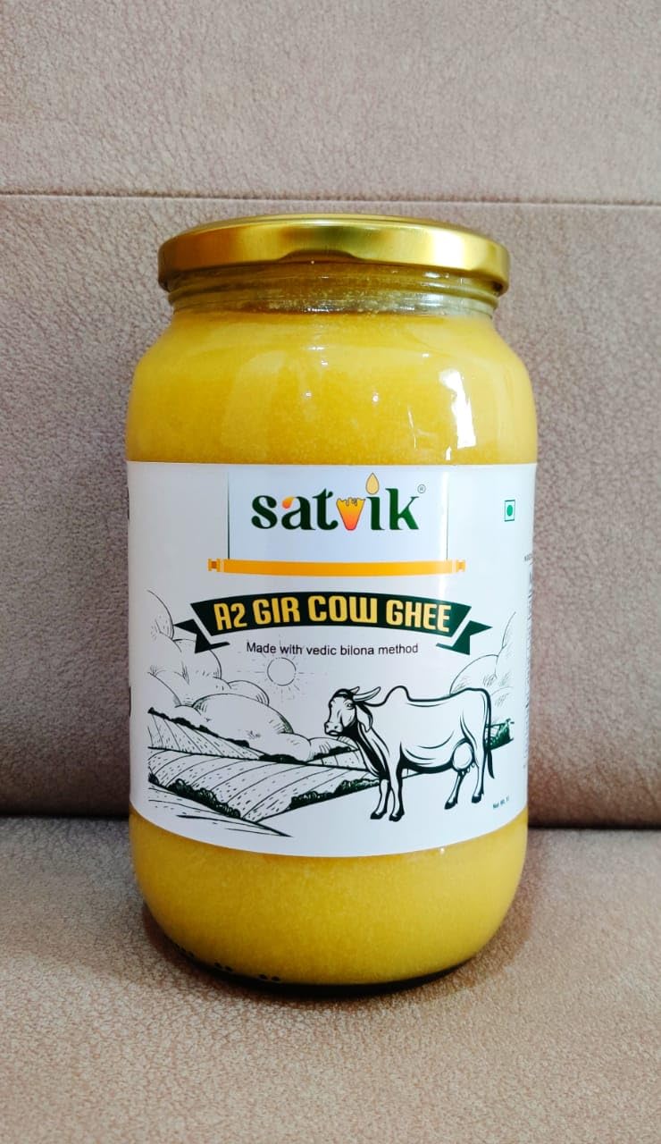 Pure Premium A2 Cow Ghee Desi By Satvik | Nutrient Rich Ghee Made With Traditional Binola Method Good For Eyes | (1 Litre) 33.8 Ounce | Jar Pack