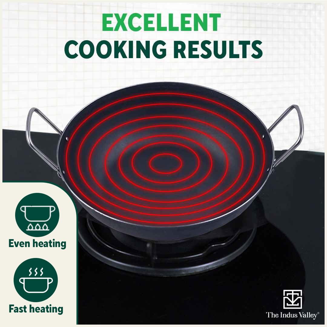 Pre-Seasoned Black Iron Kadai With Strong Handles - Small, 20.7 Cm, 8.1 Inch, 1.4 Liters, 0.64 Kg | Induction Friendly, Pre-Seasoned Iron Kadhai, 100% Pure & Toxin-Free, No Chemical Coating