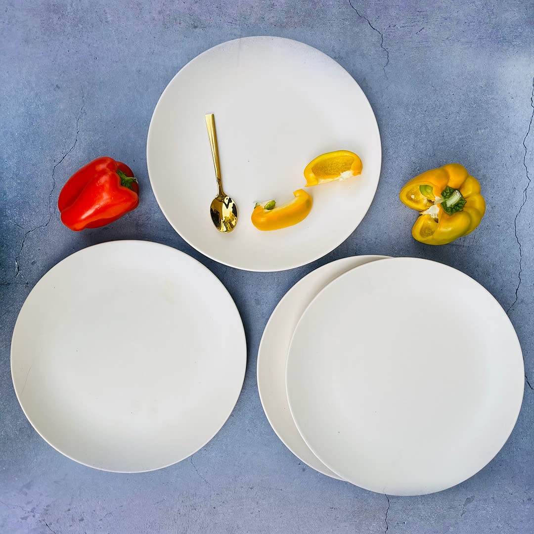 Subhra Handcrafted Ceramic Dinner Set - 8 Pieces | 4 Dinner Plates + 4 Katori Bowls, 180ml Each | Matte Finish White Dinnerware Set | Serving For 4, Microwave Safe & Dishwasher Safe