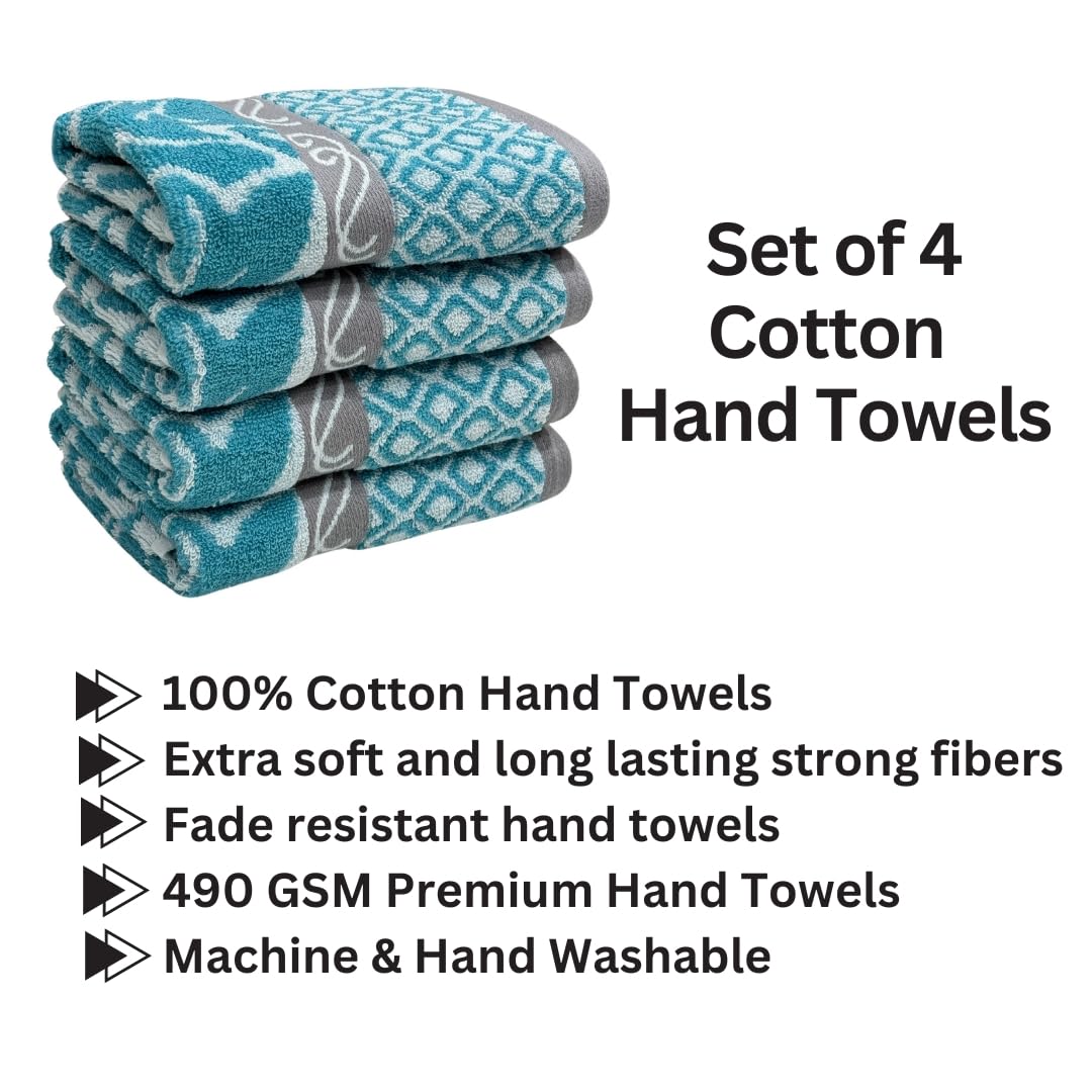 Stamio Cotton Hand Towels 490 Gsm | Towel For Men & Women Home Kitchen Use, Gym, Wash Basin, Sports, Travel | Jacquard Towel Light Green (Set Of 4)