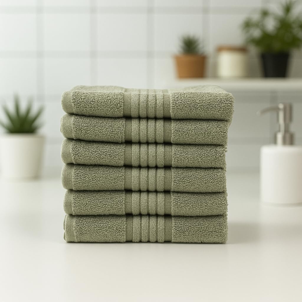 Akiko Home 100% Cotton Essential Series Hand Towels 1200 Gsm | Soft, Absorbent & Durable, Cotton Hand Towel For Bathroom Use, Gentle On Skin- Pack Of 6 (Green)
