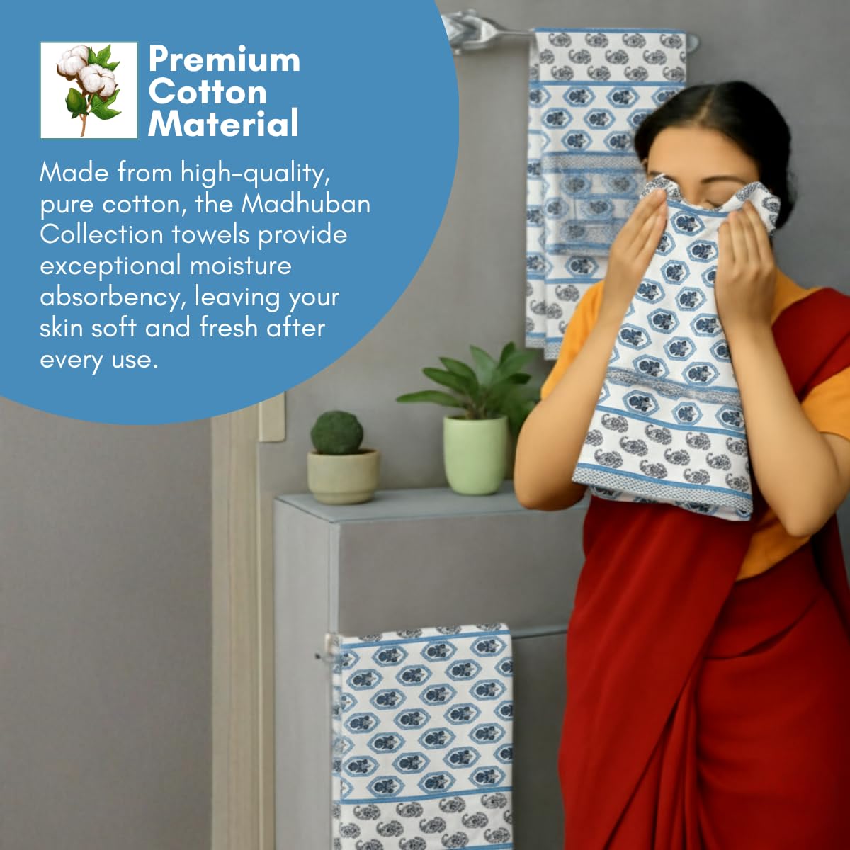 Mafatlal Madhuban Premium Waffle Cotton 1 Bath & 2 Hand Towel 700 Gsm | Hand Printed Lightweight, Quick Dry Towel (Marina) - 3 Pcs