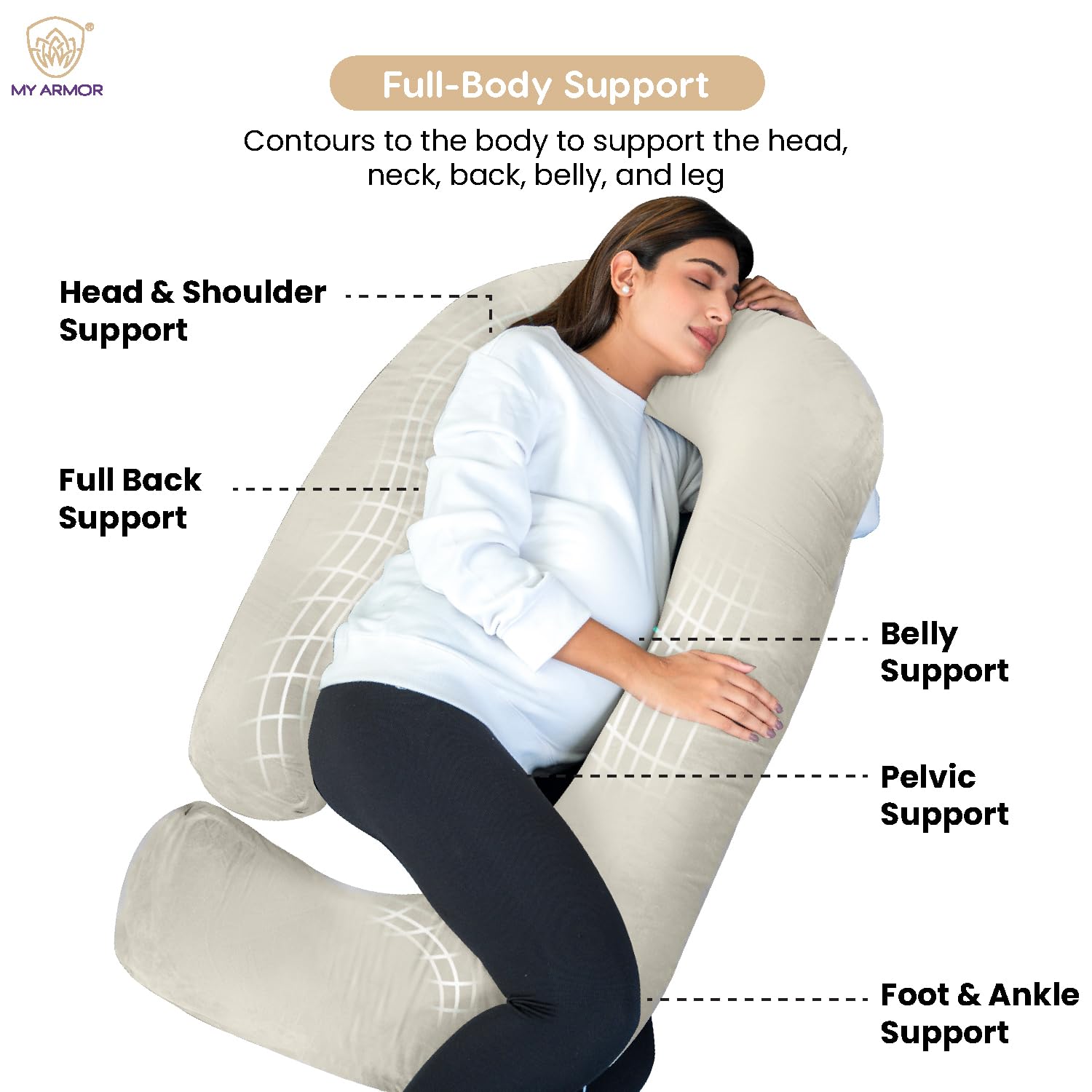 Full Body J Shape Pregnancy Pillow For Women, Maternity Pillow, Cream & Sky Blue | Pillow Gift For Pregnancy Sleeping, Premium Velvet Cover With Zip | Adjustable & Washable Pillow