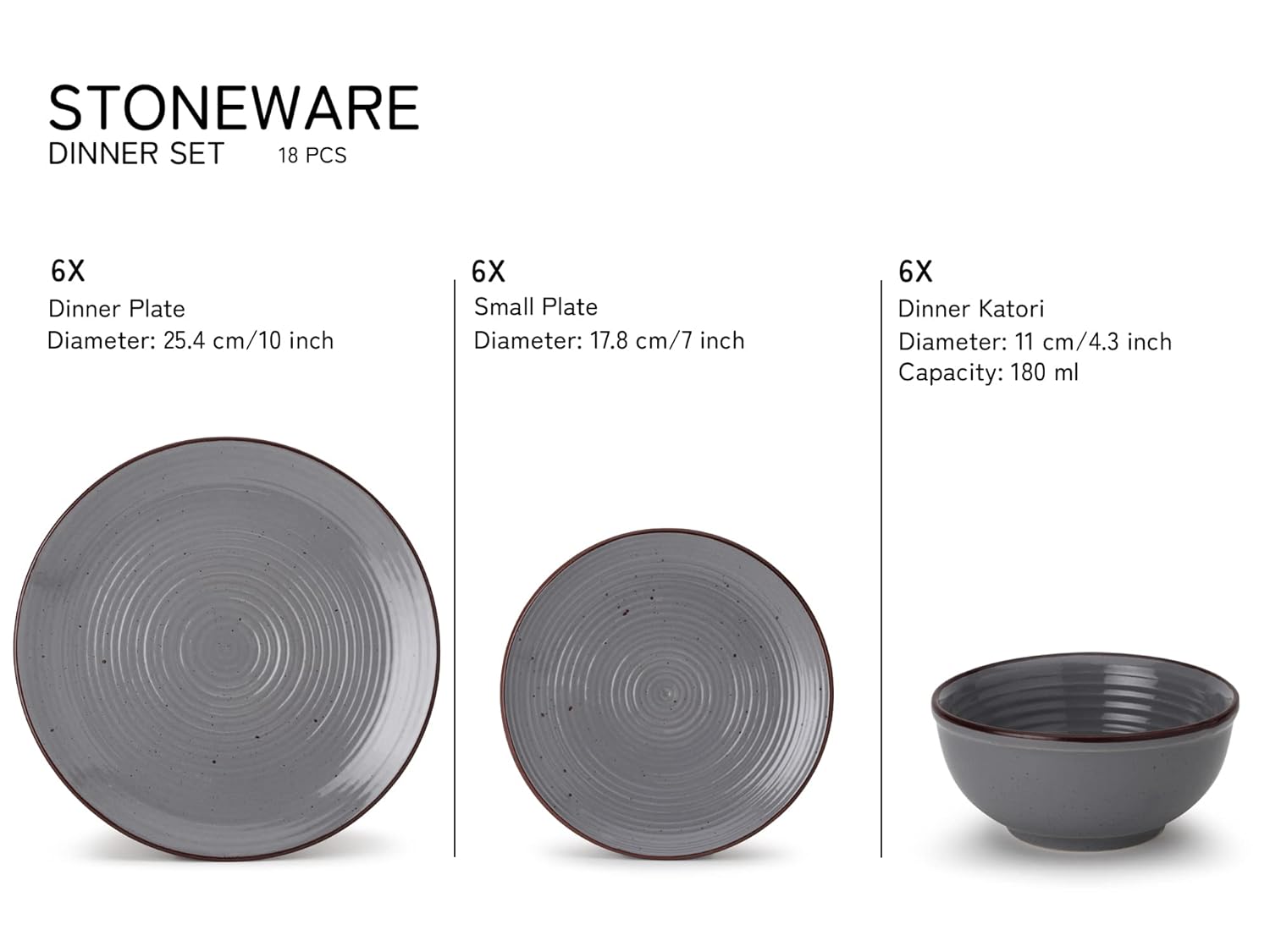 Hand Painted Ceramic Solid Dinner Set Of 18 - Grey | 6 Dinner Plates, 10 Inch Each+ 6 Small Plates, 7 Inch Each + 6 Small Dinner Bowls, 180ml Each - Microwave & Dishwasher Safe