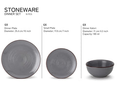 Hand Painted Ceramic Solid Dinner Set Of 18 - Grey | 6 Dinner Plates, 10 Inch Each+ 6 Small Plates, 7 Inch Each + 6 Small Dinner Bowls, 180ml Each - Microwave & Dishwasher Safe