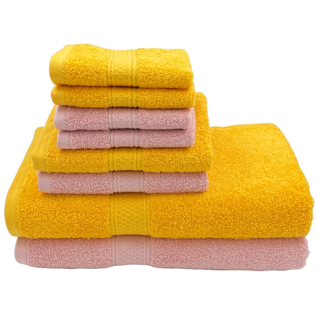 Patpug 100% Indian Cotton Plush Towel Set 2000 Gsm | Highly Absorbent, Fade Resistant, Quick Drying 2 Bath, 2 Hand & 4 Face Towel (Sunrise Yellow & Baby Pink) - 8 Piece