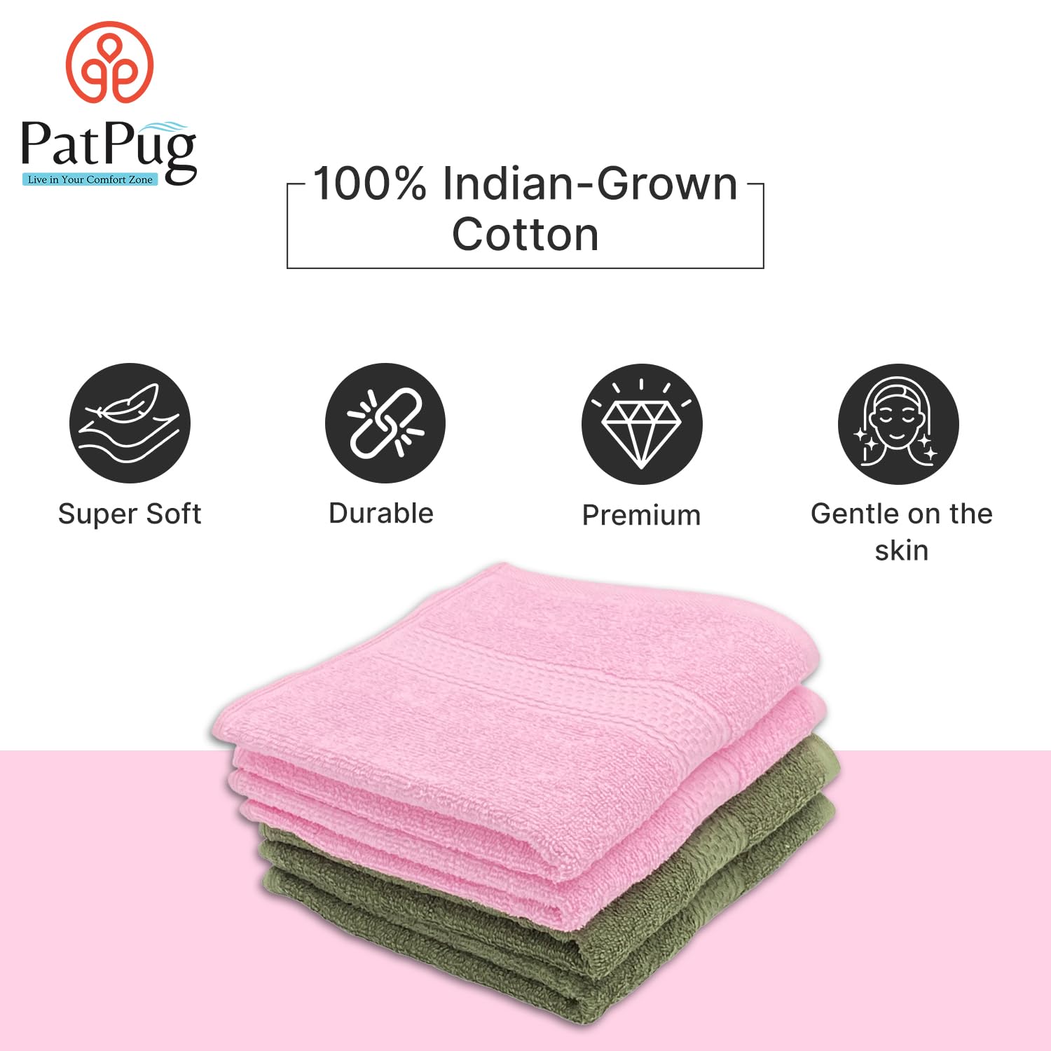 Patpug 100% Indian Ultra Soft Cotton Hand Towel 600 Gsm | For Gym, Workout, Yoga, Wash Basin (Sweet Pink & Olive Green) - 4 Piece