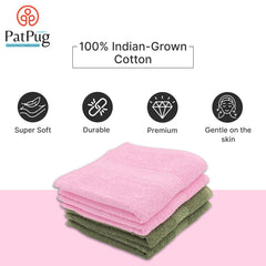 Patpug 100% Indian Ultra Soft Cotton Hand Towel 600 Gsm | For Gym, Workout, Yoga, Wash Basin (Sweet Pink & Olive Green) - 4 Piece