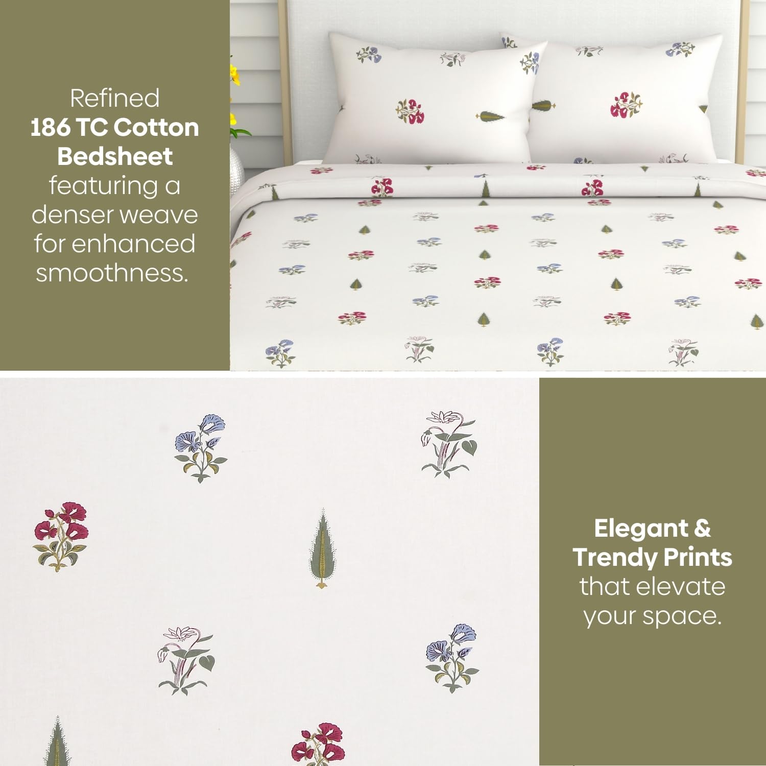 Flat Bedsheet Queen Size Bed With 2 Pillow Covers - 100 X 90 Inches, White & Green | Soft, Breathable & Durable | Skin-Friendly & Durable