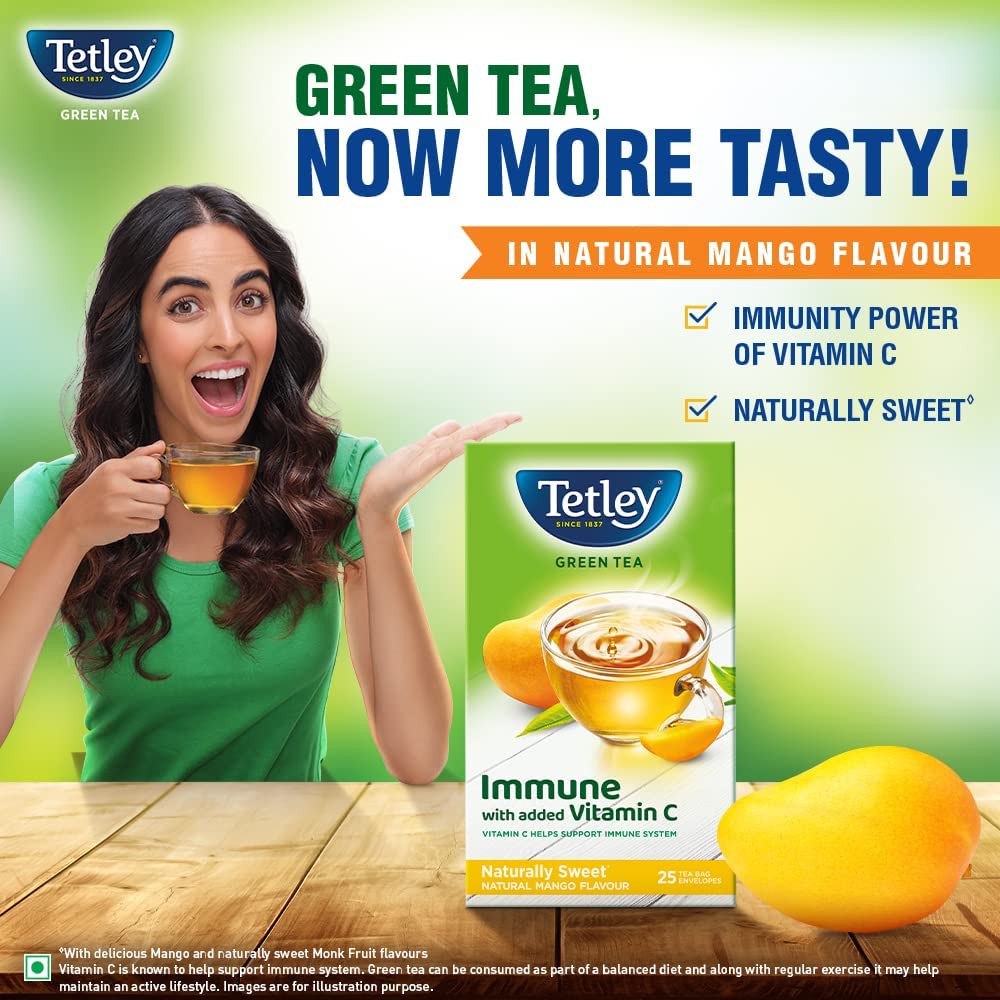 Tetley Naturally Mango Flavour Green Tea - 25 Tea Bags | Immune With Added Vitamin C - Supports Immune System | Naturally Sweet Green Tea - Medium Caffeine