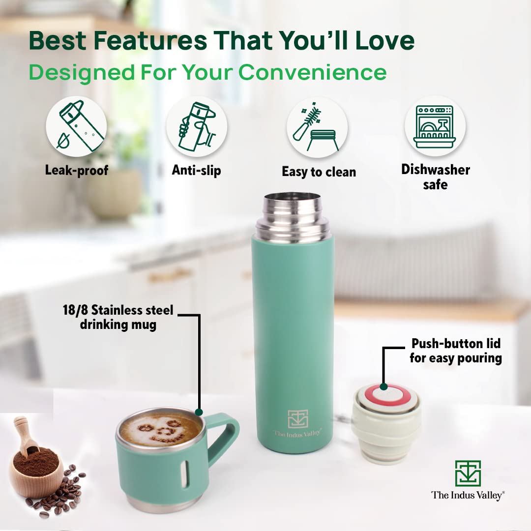 Stainless Steel Vacuum Insulated Flask With Drinking Mug - Green, 500ml | Double Walled, Hot & Cold Temperature, Leak Proof, BPA-Free